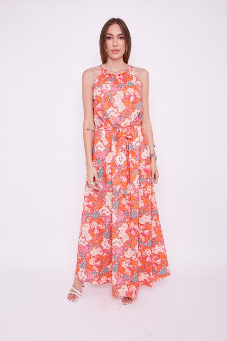 Miami women's dress, gathered-neck tie-waist long dress, Tara x Viktori, Young & Free Collection