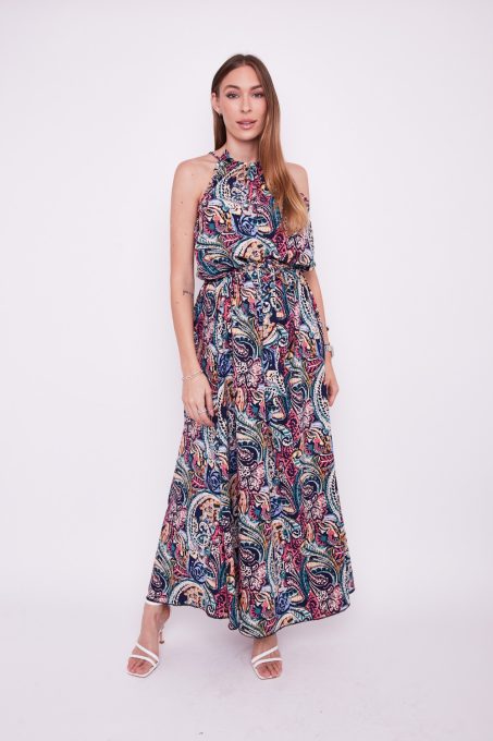 Miami women's dress, gathered-neck tie-waist long dress, Tara x Viktori, Young & Free Collection