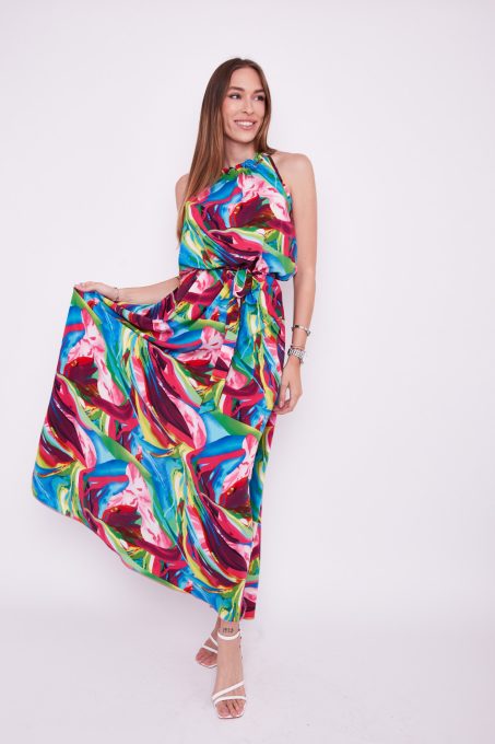 Miami women's dress, gathered-neck tie-waist long dress, Tara x Viktori, Young & Free Collection