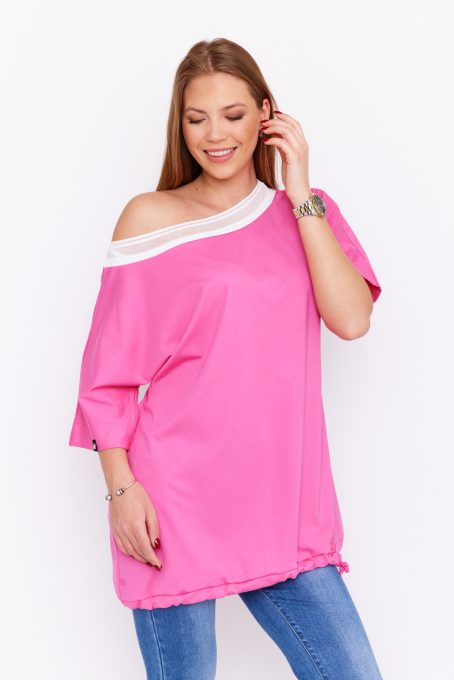 Diona női tunika, oversized, bővebb csíkos gumi pántos csónaknyakú női felső,pink-ekrü,L-XL, Tara x Viktori, Curve Fashion