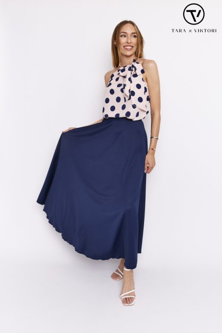 FELICITA A-line long skirt with drawstring waist at the dark blue